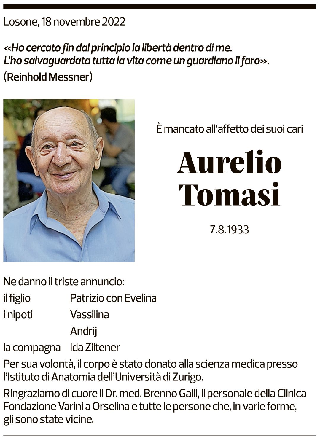 Annuncio funebre Aurelio Tommasi