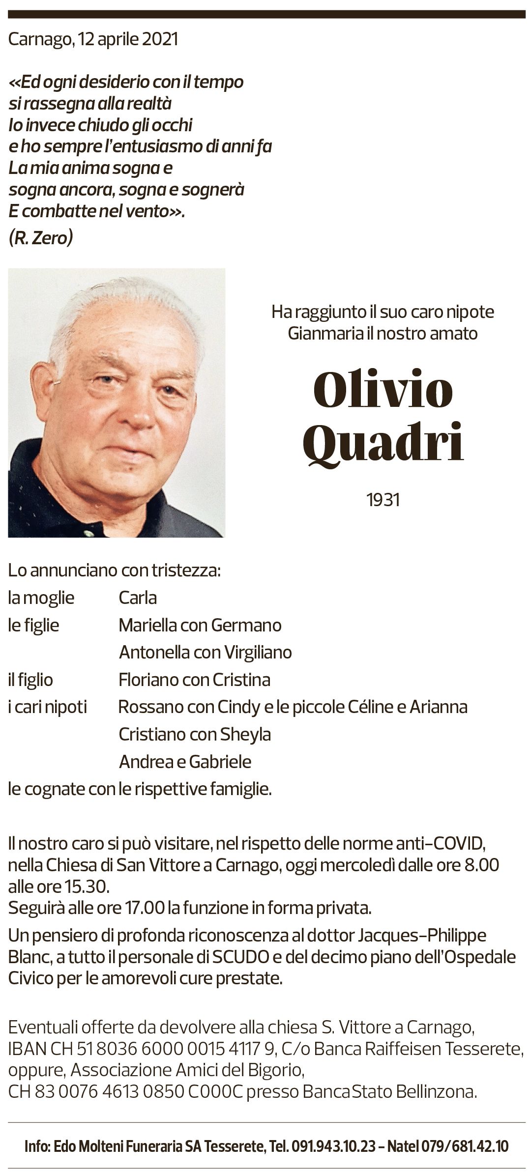 Annuncio funebre Olivio Quadri