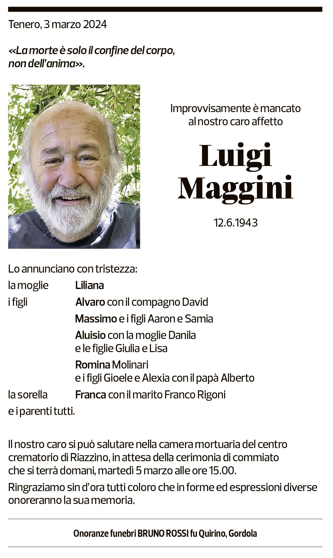Annuncio funebre Luigi Maggini