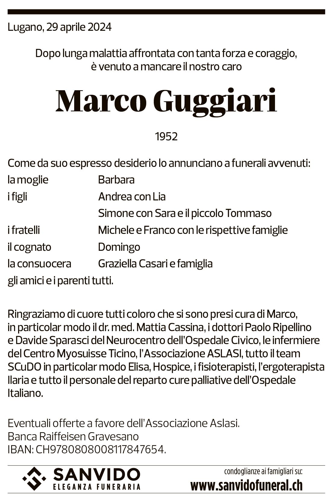 Annuncio funebre Marco Guggiari