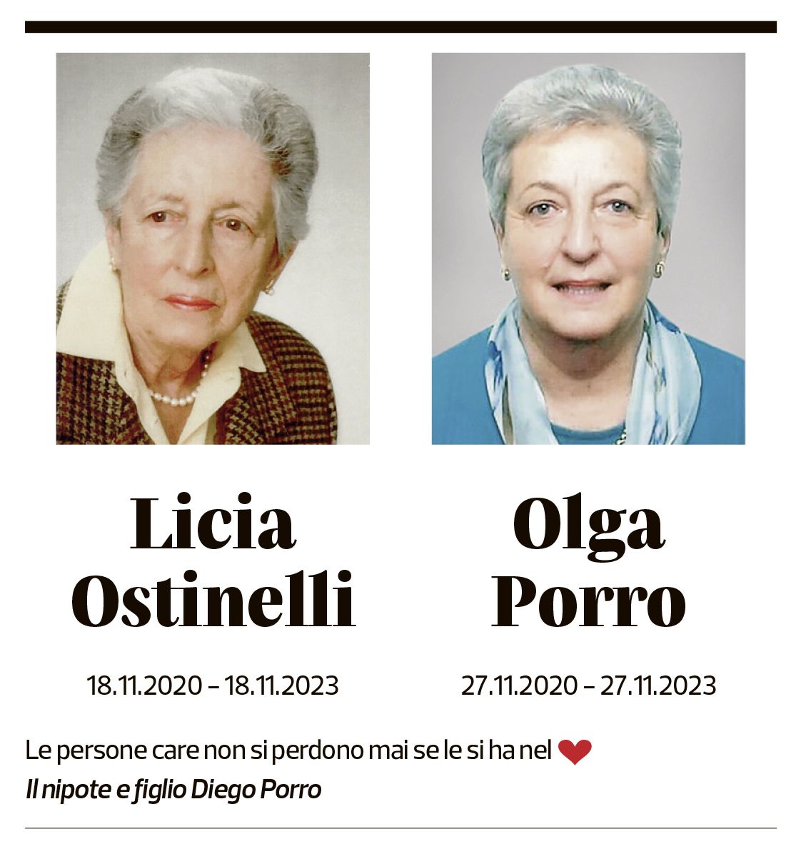 Annuncio funebre Licia E Olga Ostinelli E Porro