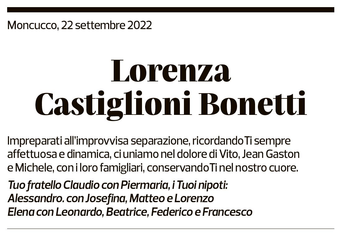 Annuncio funebre Lorenza Bonetti-castiglioni