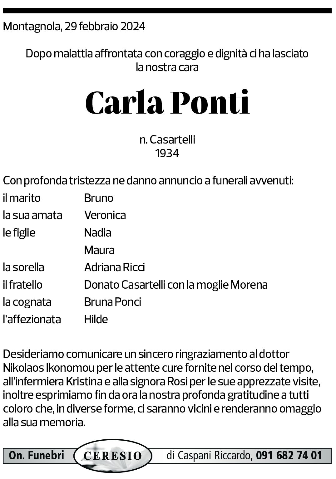 Annuncio funebre Carla Ponti