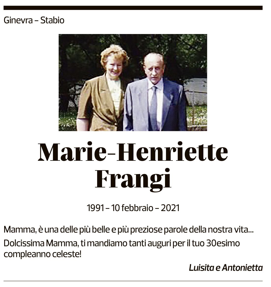 Annuncio funebre Marie-henriette Frangi