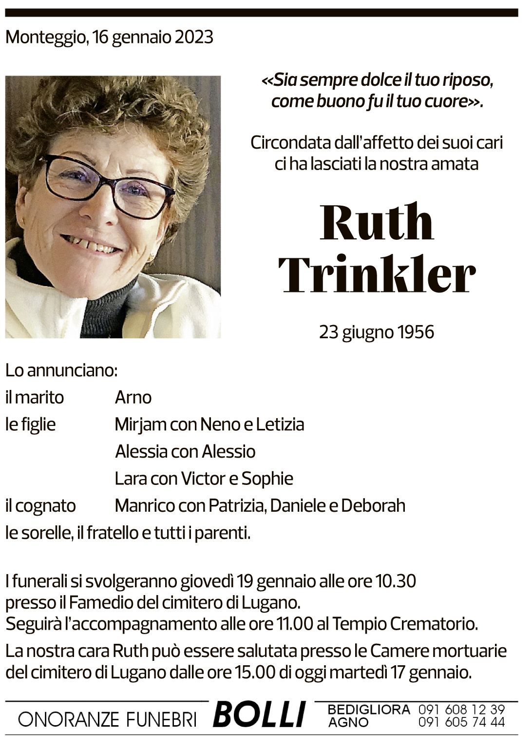 Annuncio funebre Ruth Trinkler