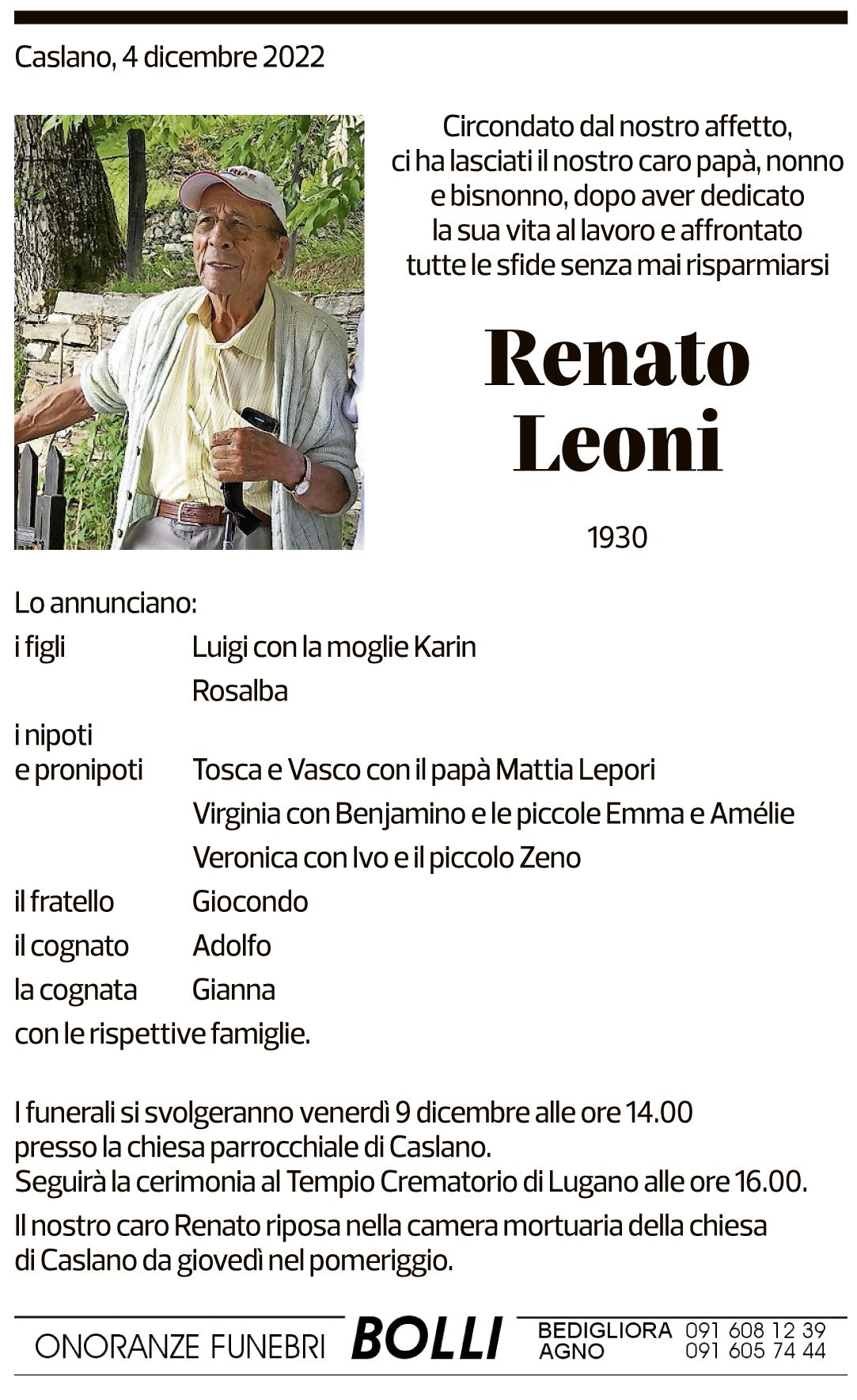 Annuncio funebre Renato Leoni