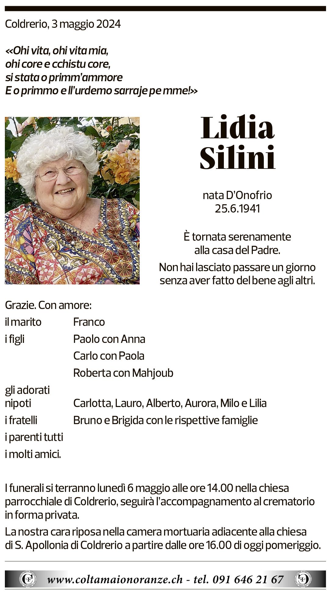 Annuncio funebre Lidia Silini