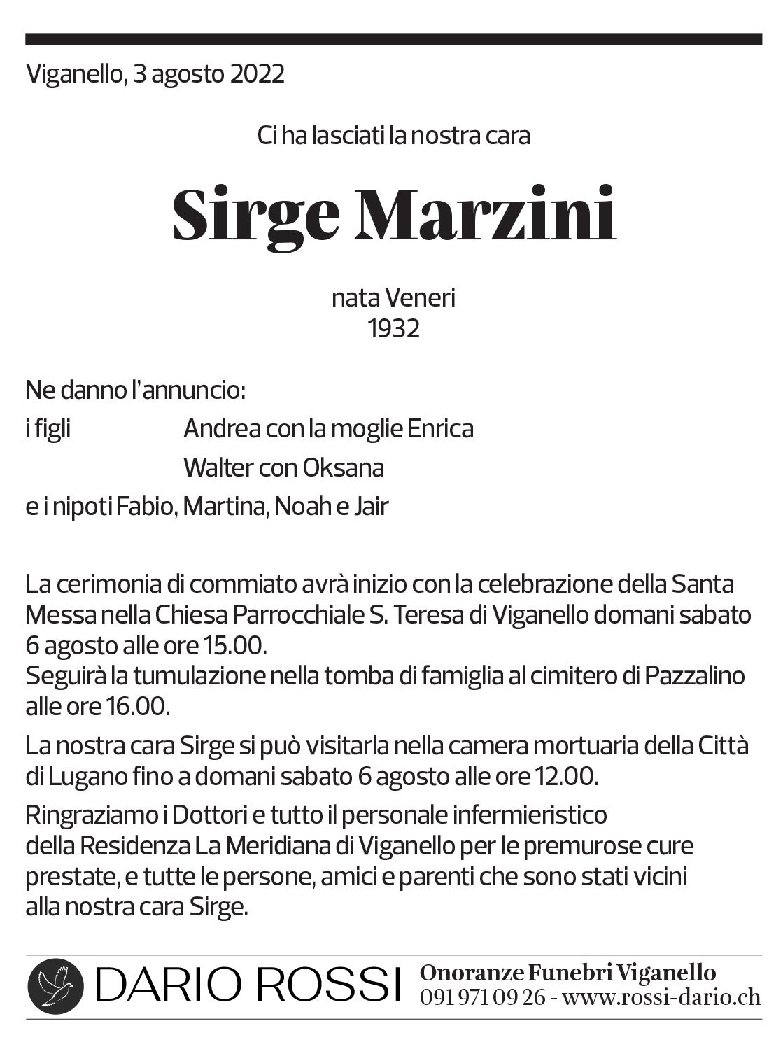 Annuncio funebre Sirge Marzini