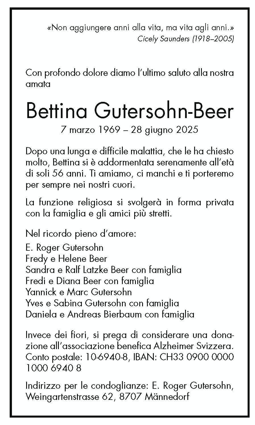 Annuncio funebre Bettina Gutersohn-beer