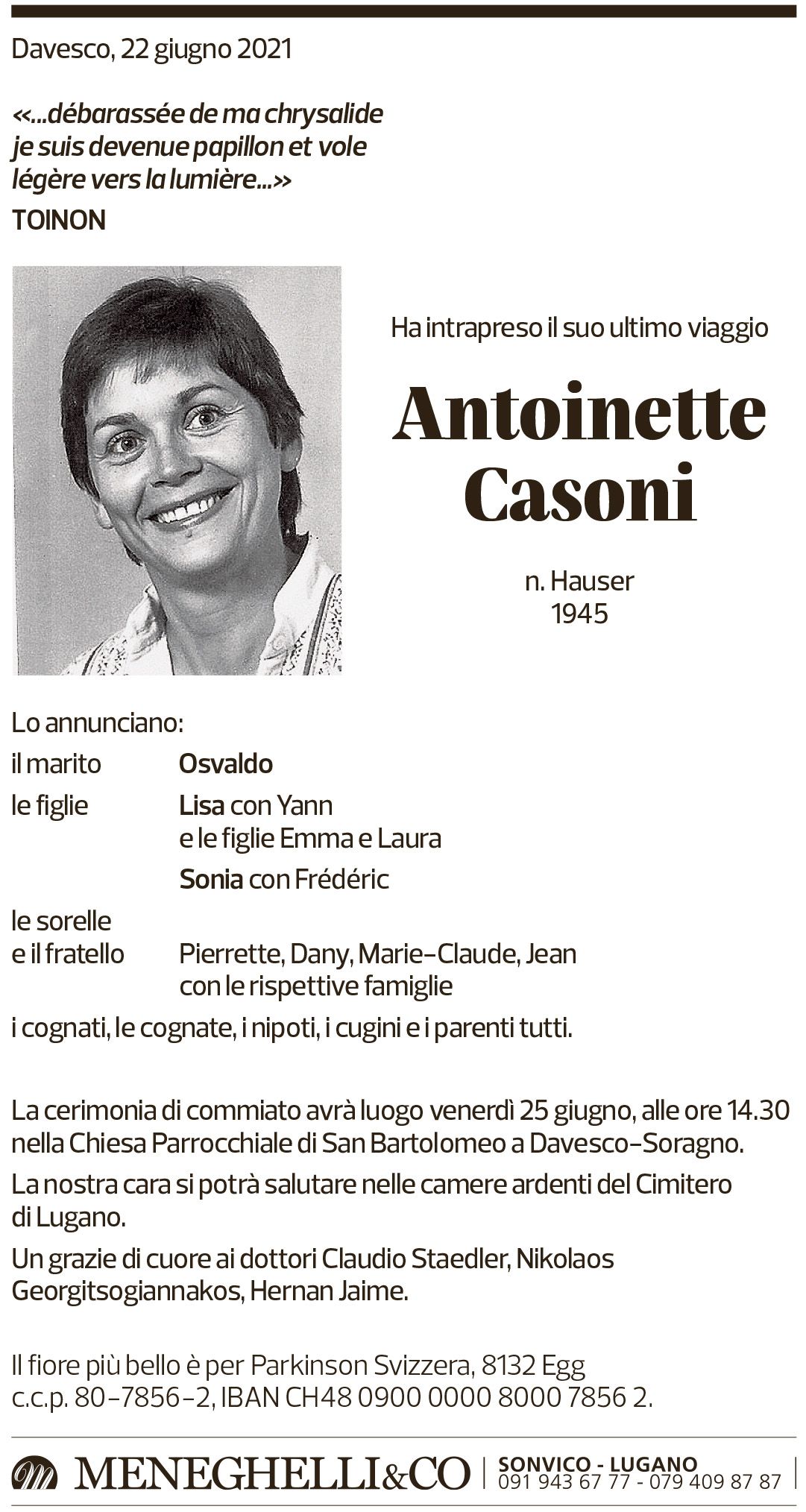 Annuncio funebre Antoniette Casoni