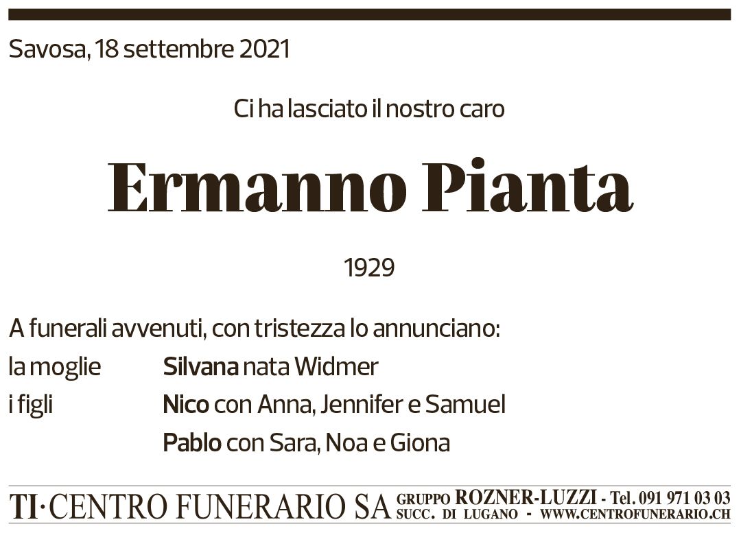 Annuncio funebre Ermanno Pianta