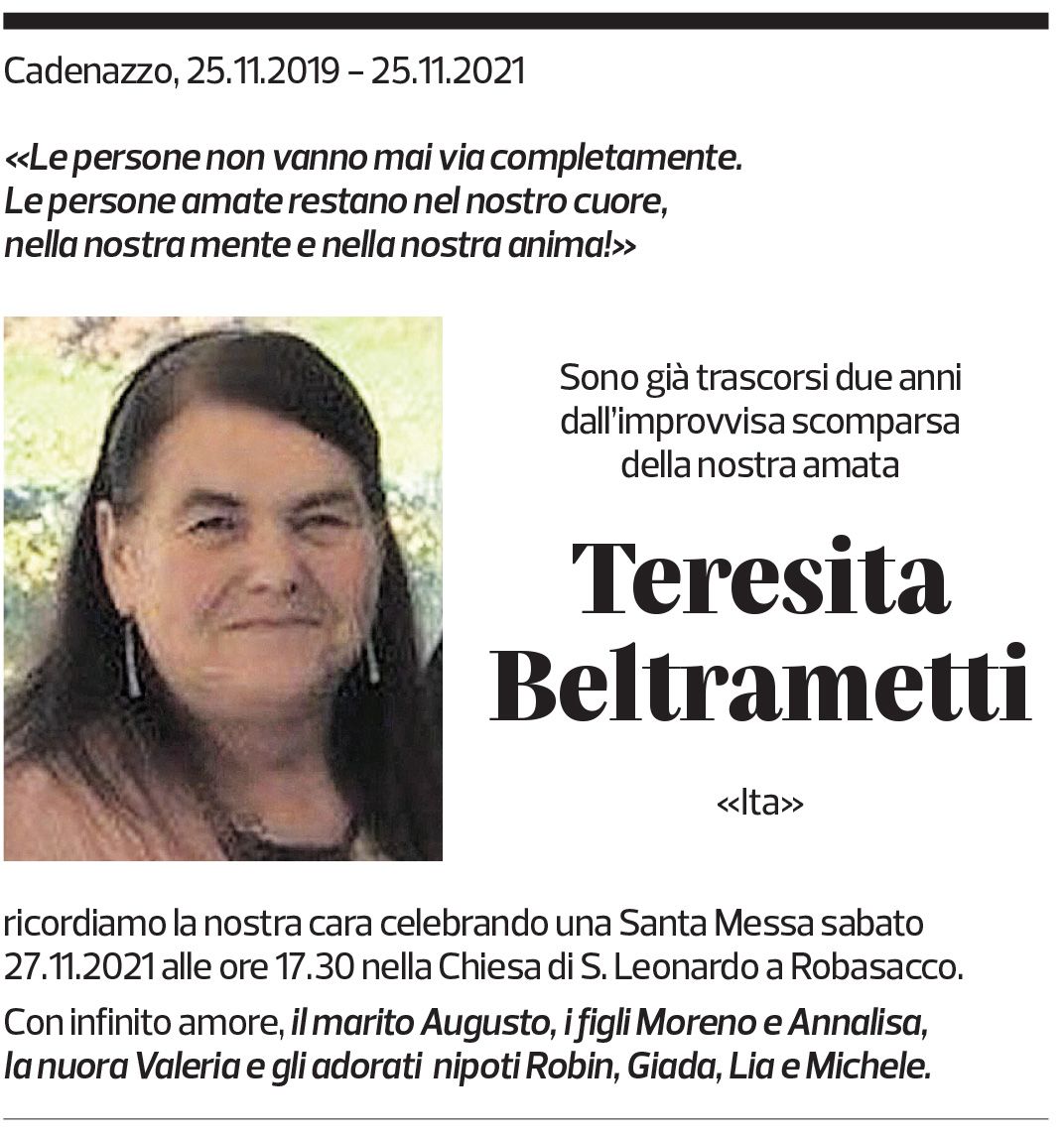 Annuncio funebre Teresita Beltrametti