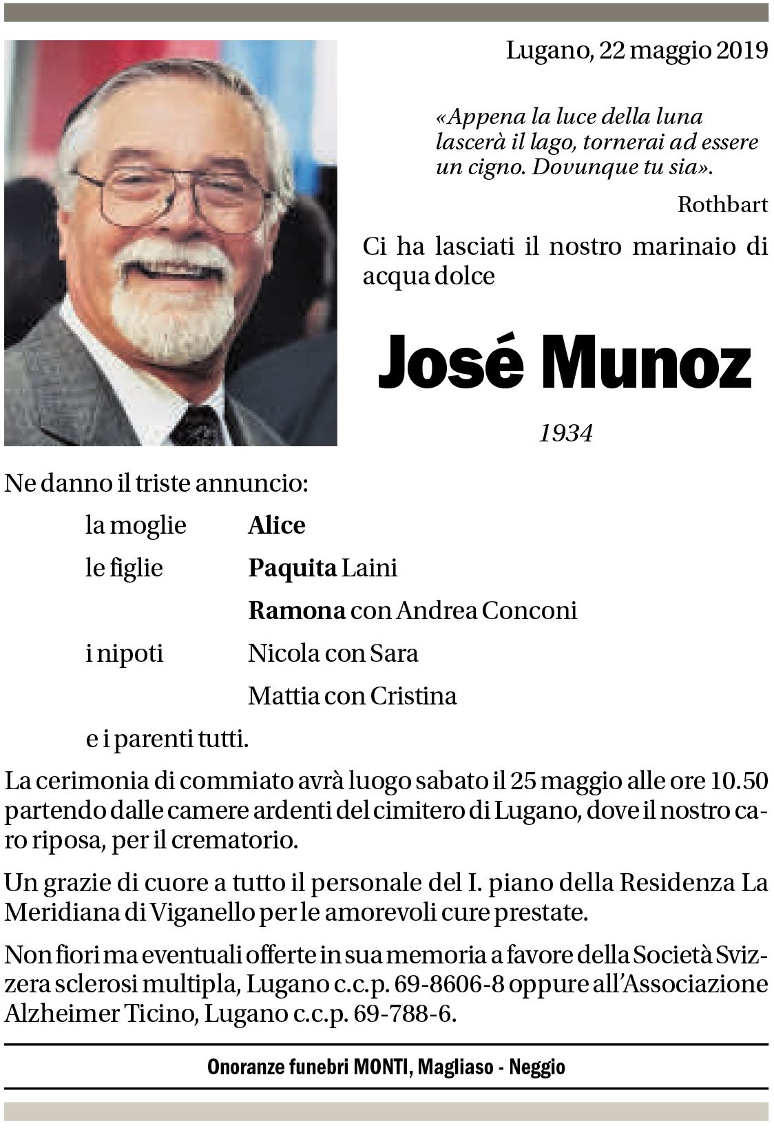 Annuncio funebre José Munoz