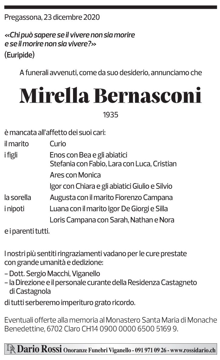 Annuncio funebre Mirella Bernasconi