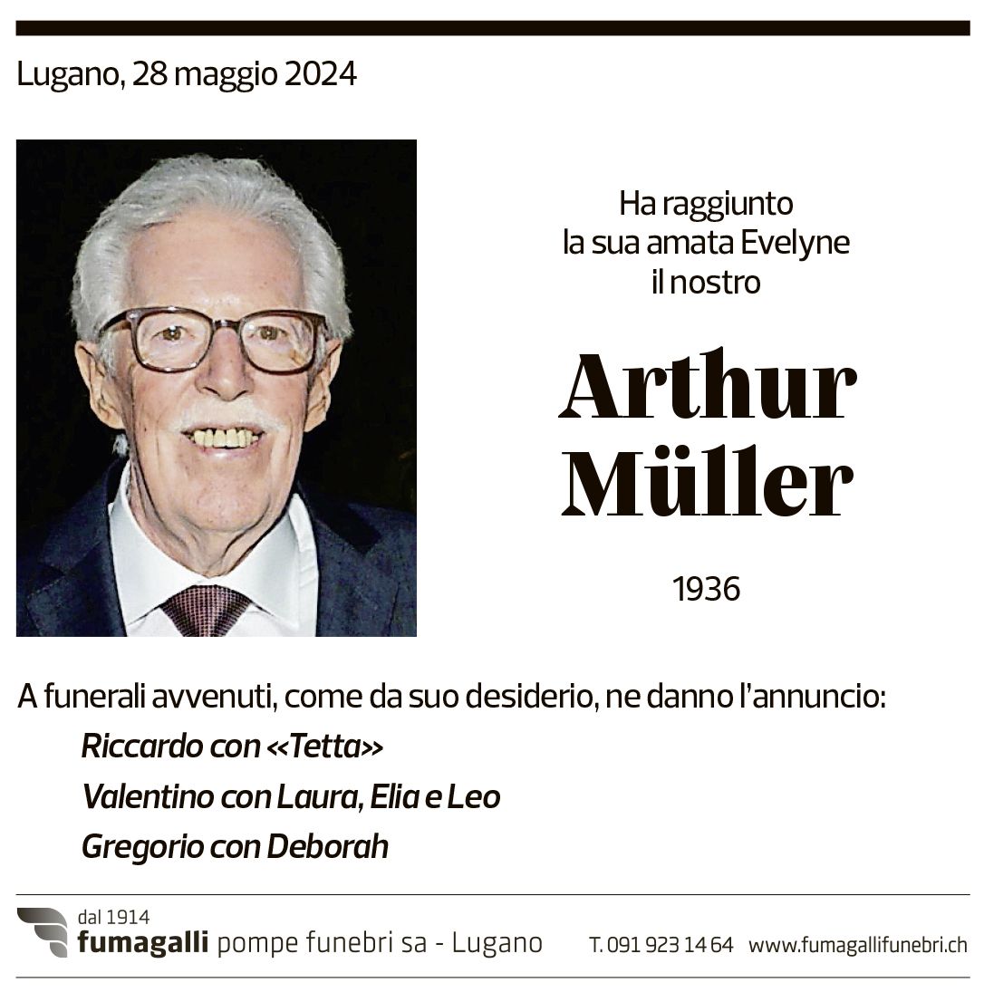 Annuncio funebre Arthur Müller