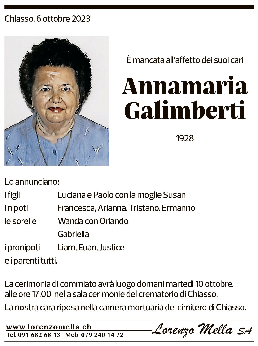 Annuncio funebre Annamaria Galimberti