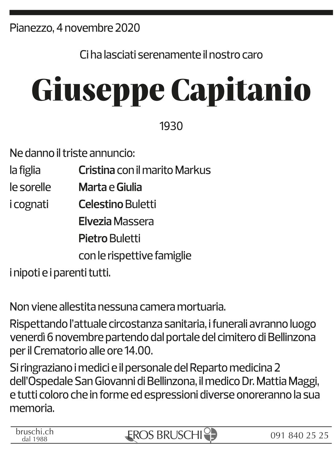 Annuncio funebre Giuseppe Capitano
