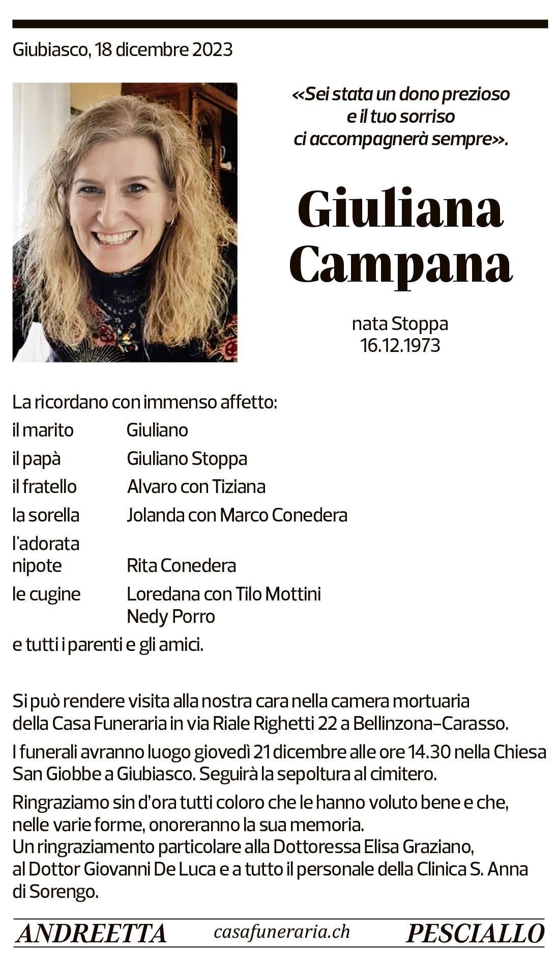 Annuncio funebre Giuliana Campana