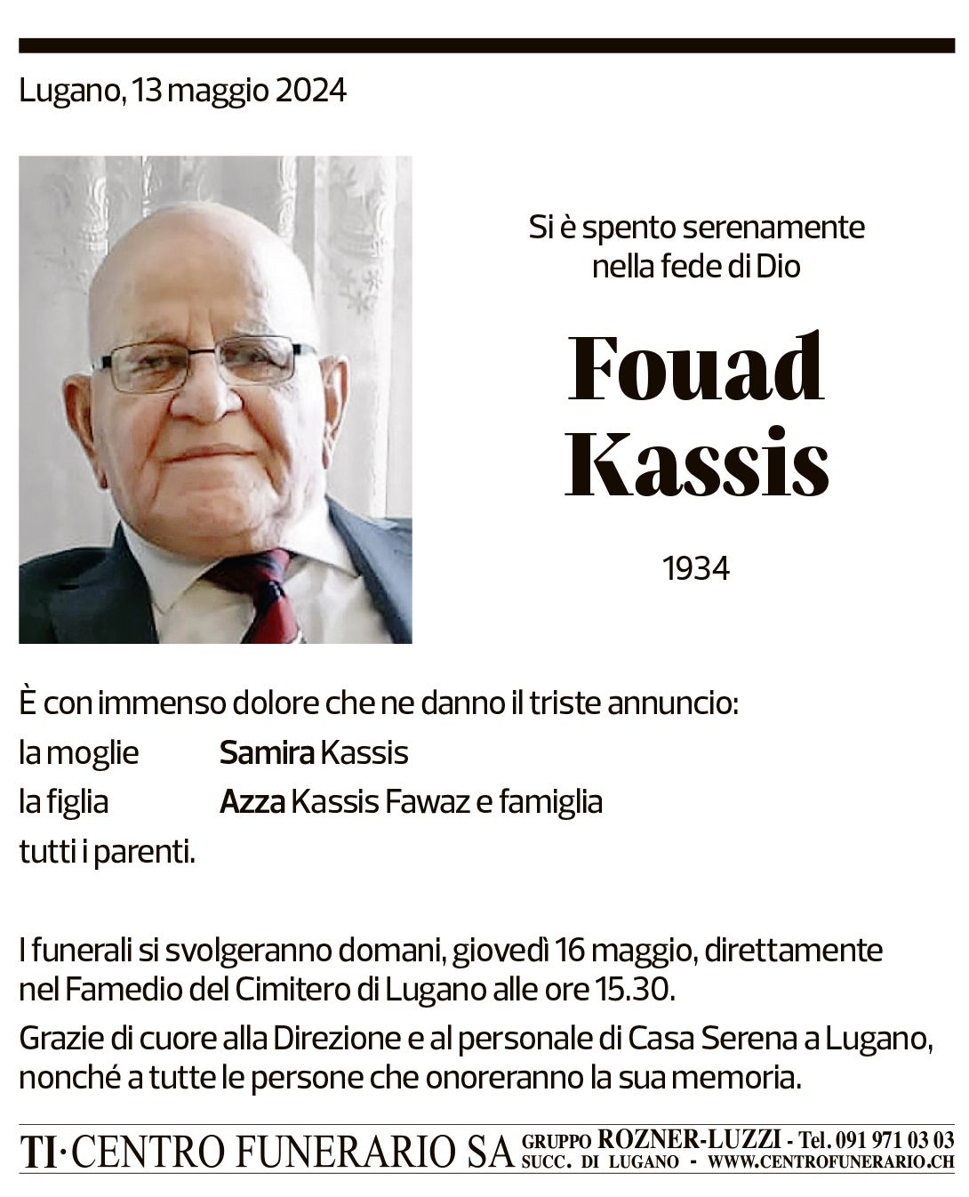 Annuncio funebre Fouad Kassis