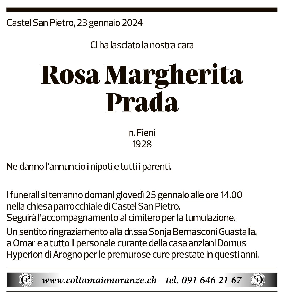 Annuncio funebre Rosa Margherita Prada