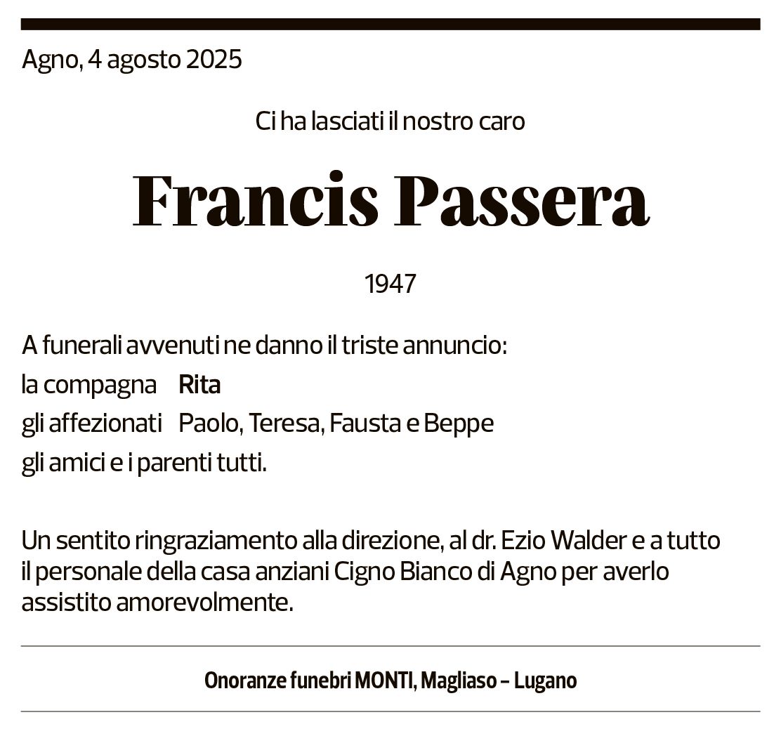 Annuncio funebre Francis Passera
