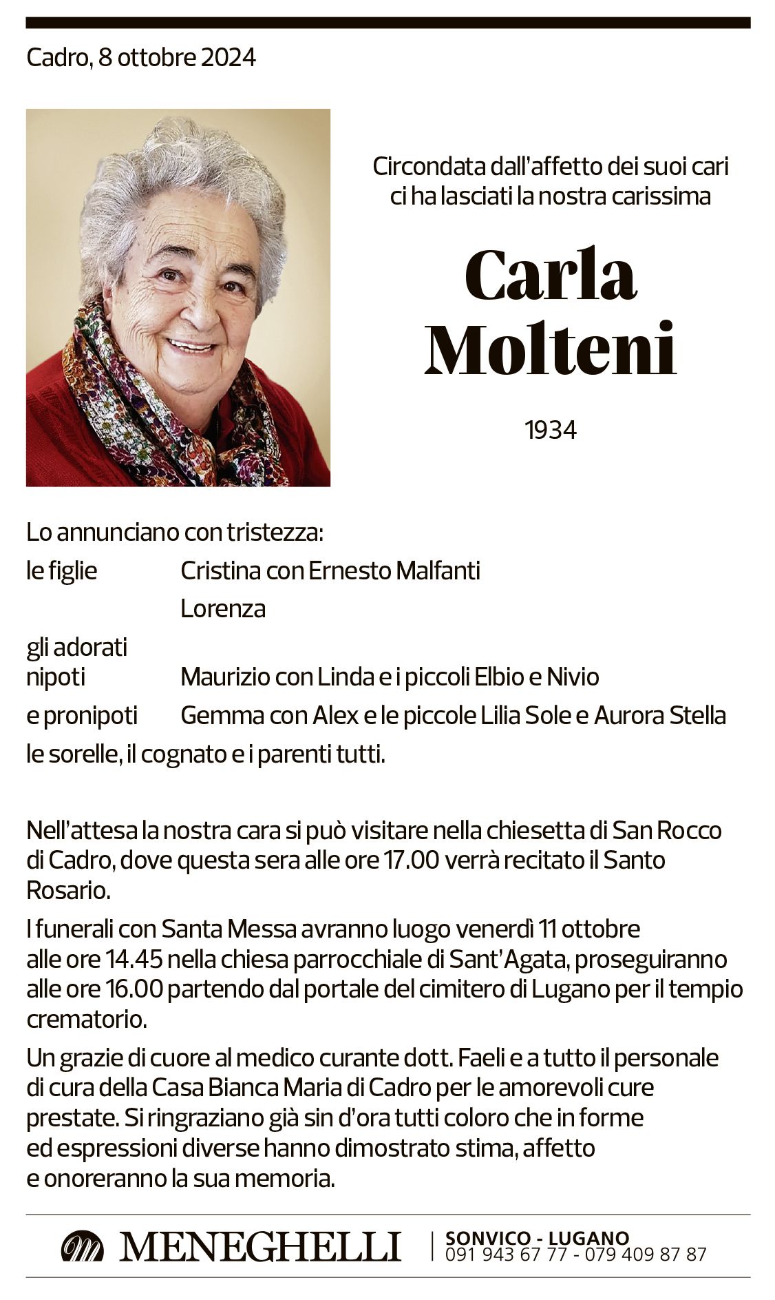 Annuncio funebre Carla Molteni