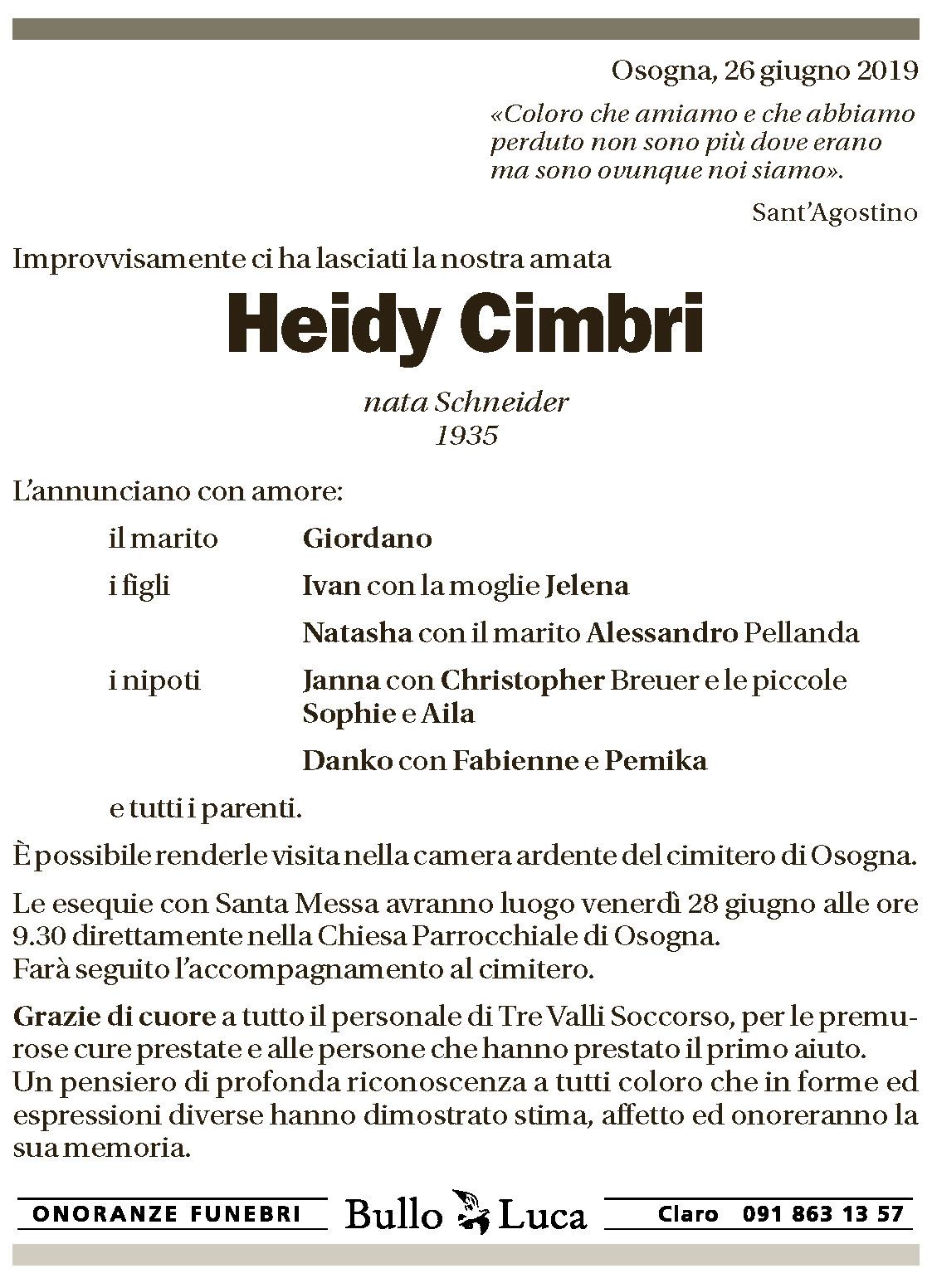 Annuncio funebre Heidy Cimbri