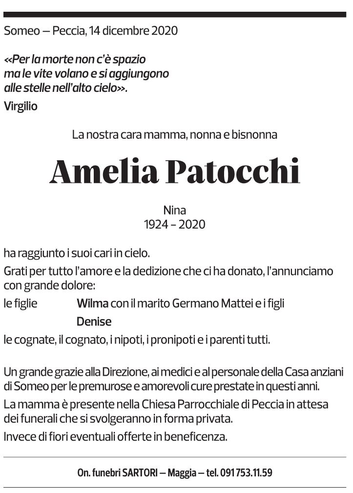 Annuncio funebre Amelia Patocchi