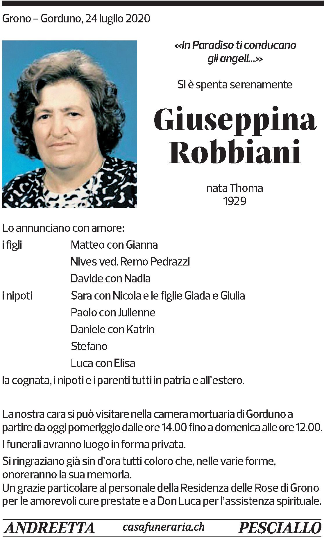 Annuncio funebre Giuseppina Robbiani