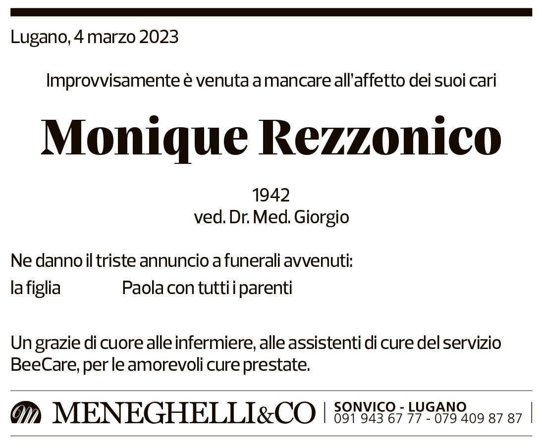 Annuncio funebre Monique Rezzonico