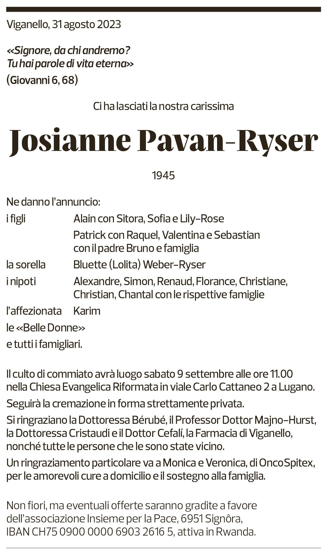 Annuncio funebre Josianne Pavan-ryser