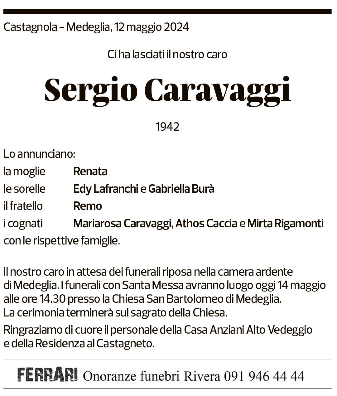 Annuncio funebre Sergio Caravaggi