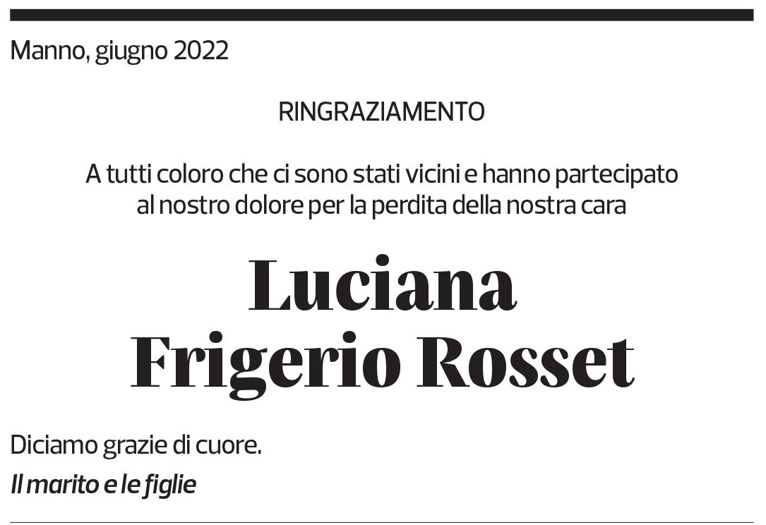 Annuncio funebre Luciana Frigerio Rosset