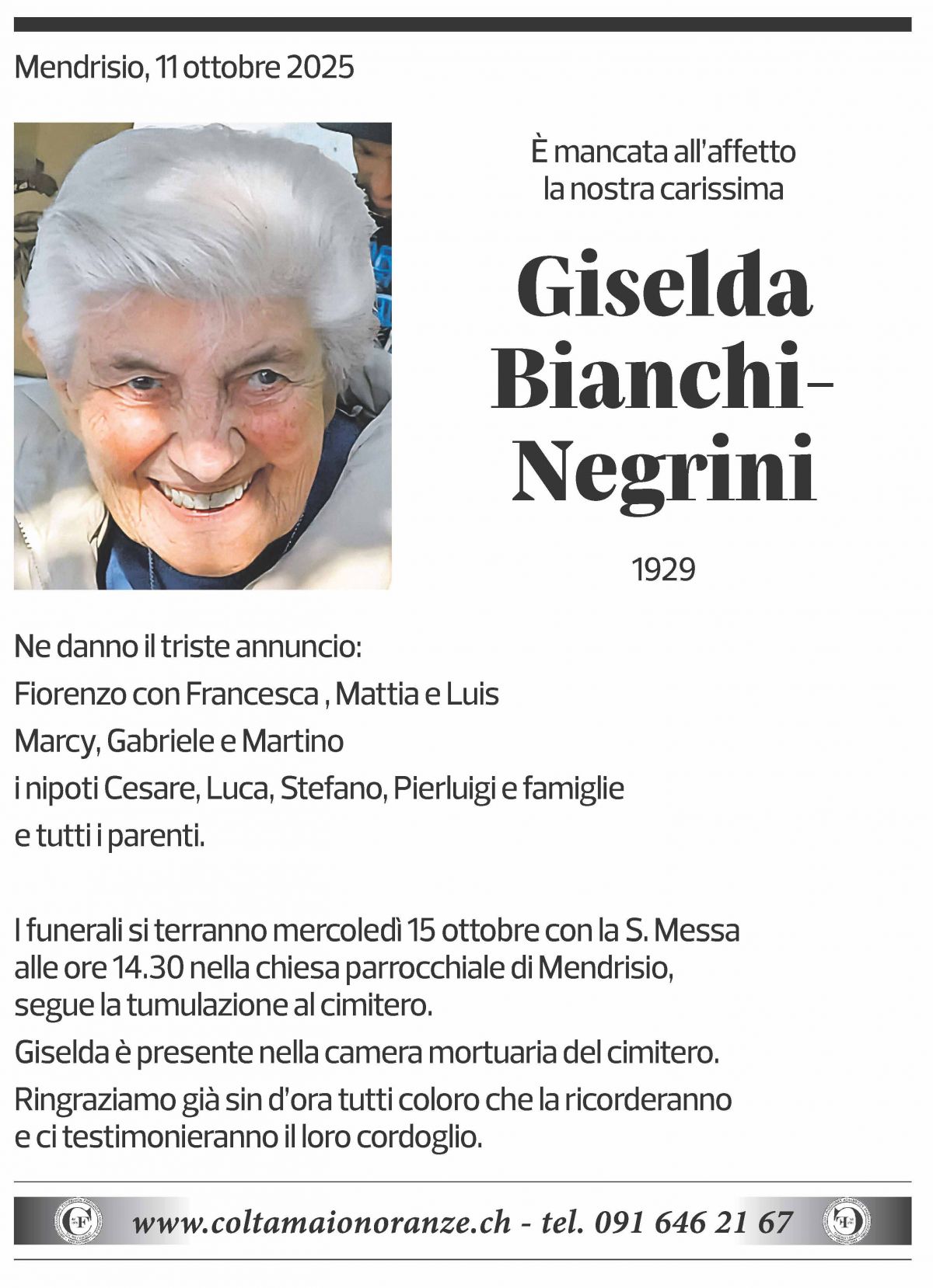 Annuncio funebre Giselda Bianchi-negrini