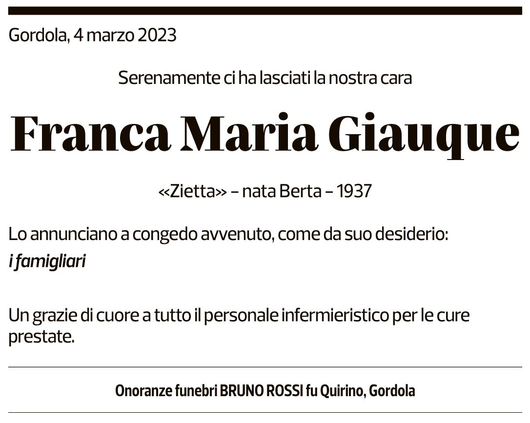 Annuncio funebre Franca Maria Giauque