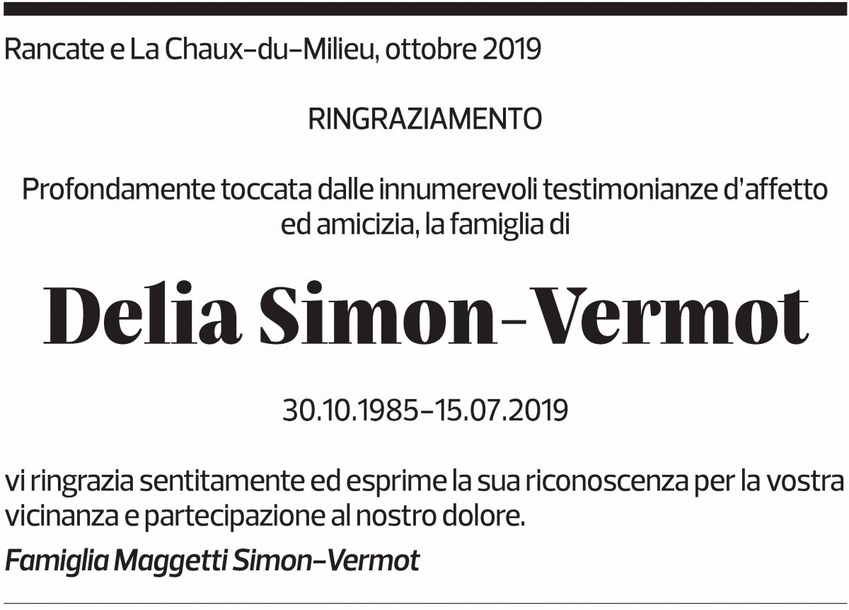 Annuncio funebre Delia Simon-vermot