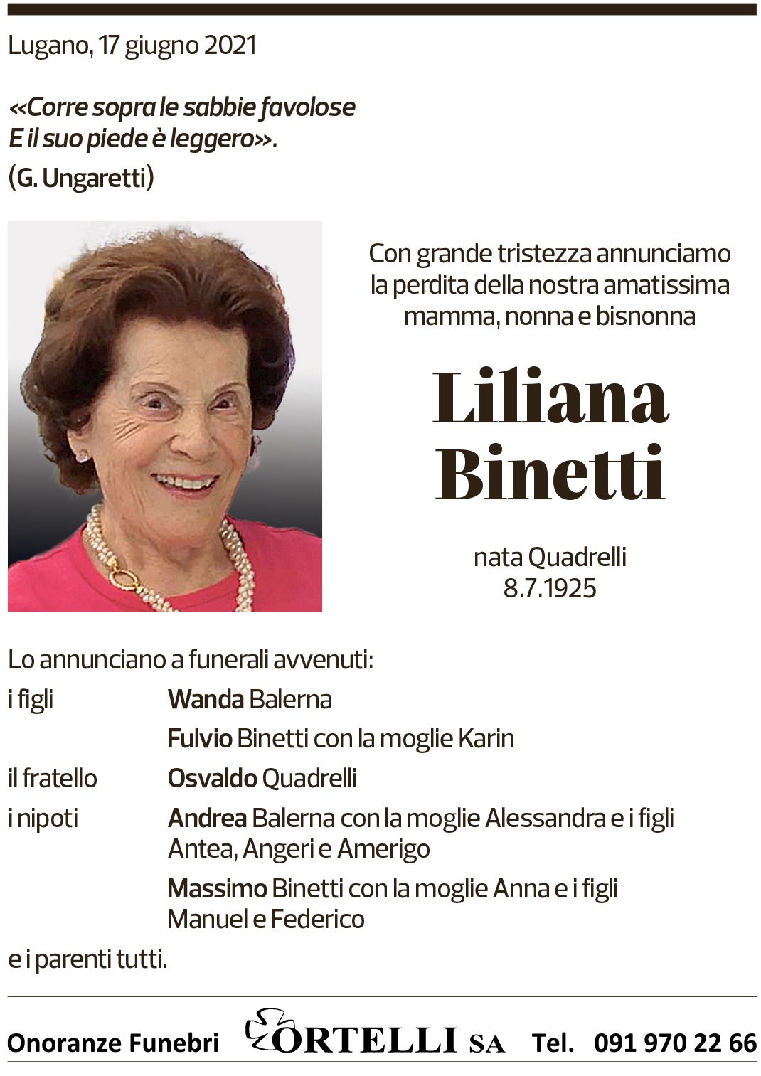 Annuncio funebre Liliana Binetti