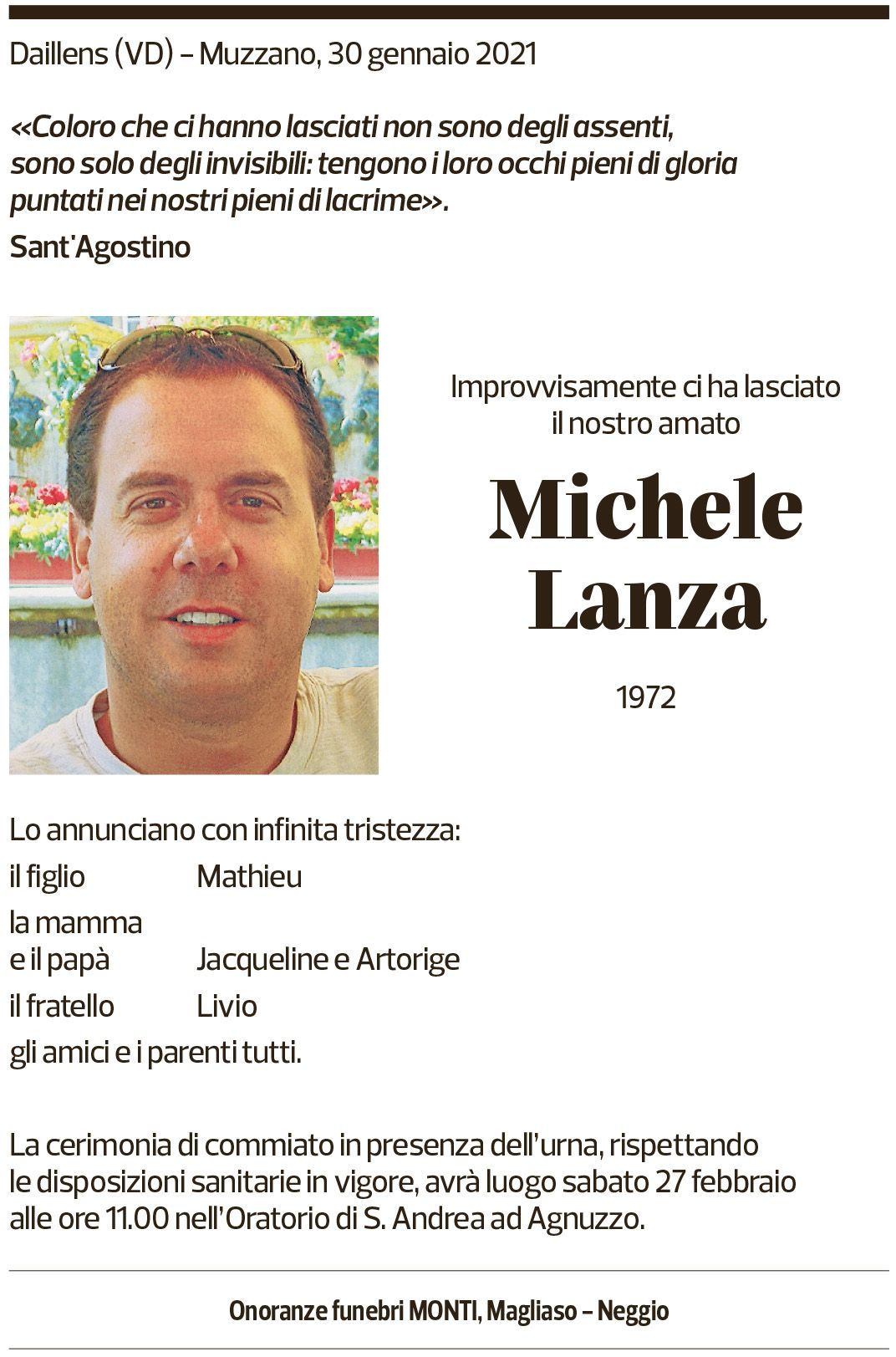 Annuncio funebre Michele Lanza