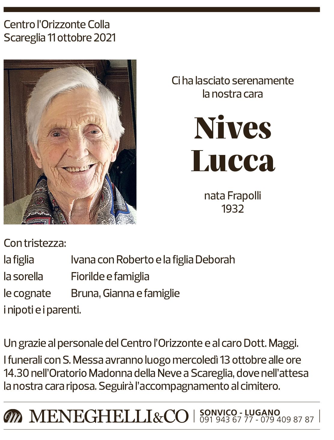 Annuncio funebre Nives Lucca