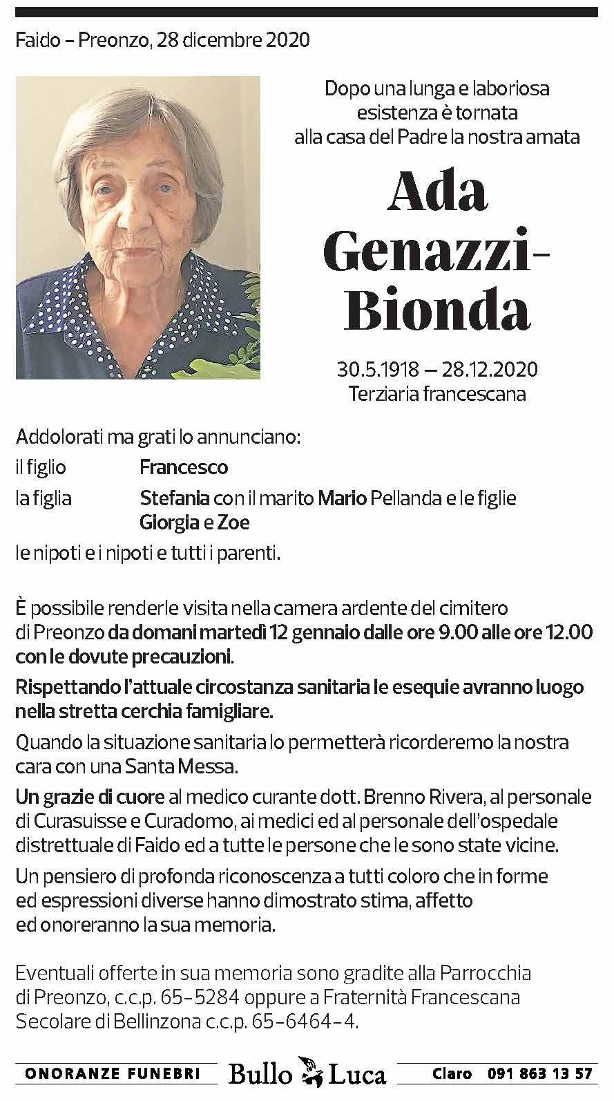 Annuncio funebre Ada Genazzi - Bionda