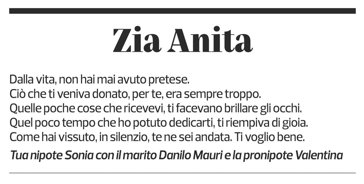 Annuncio funebre Anita Colleoni