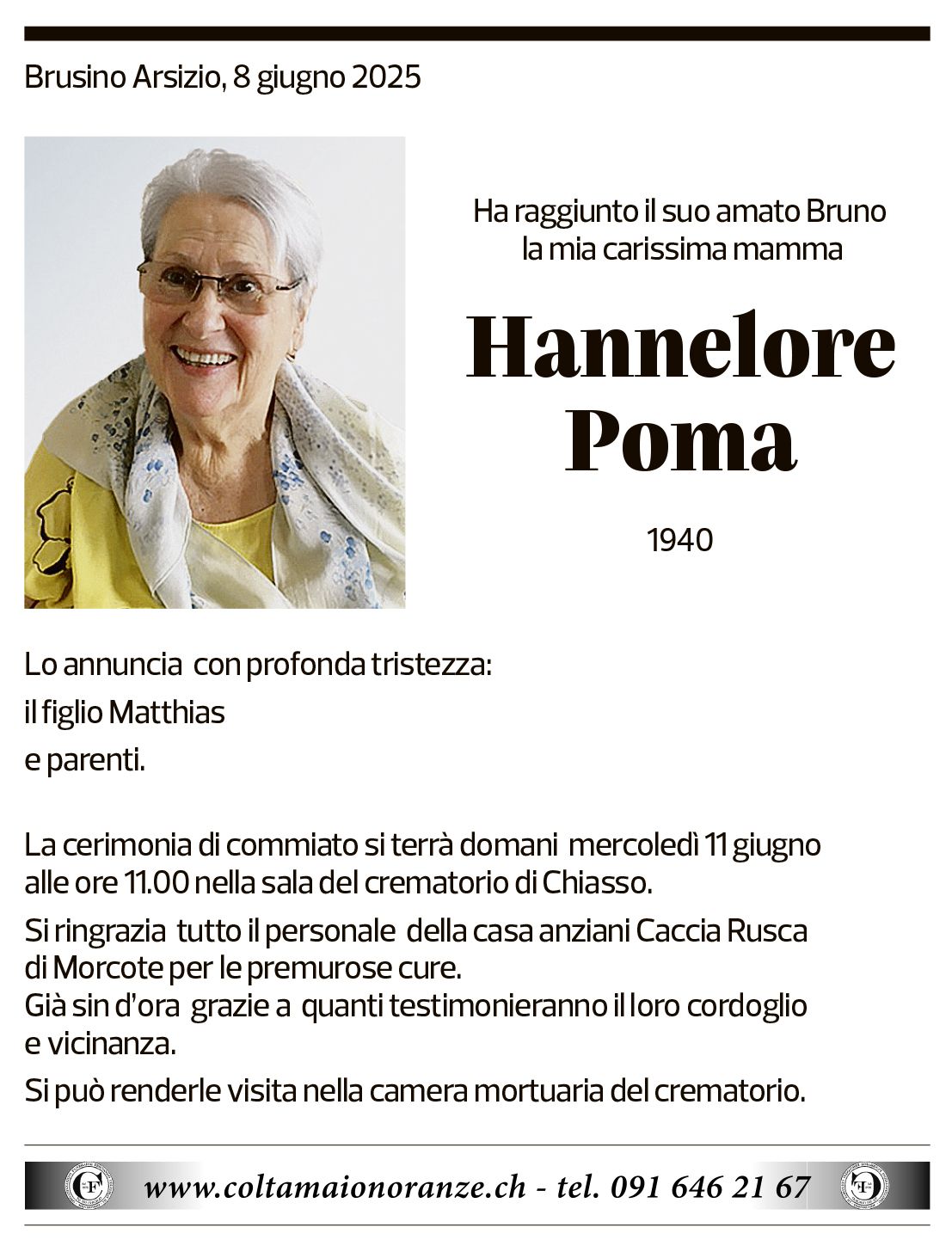 Annuncio funebre Hannelore Poma