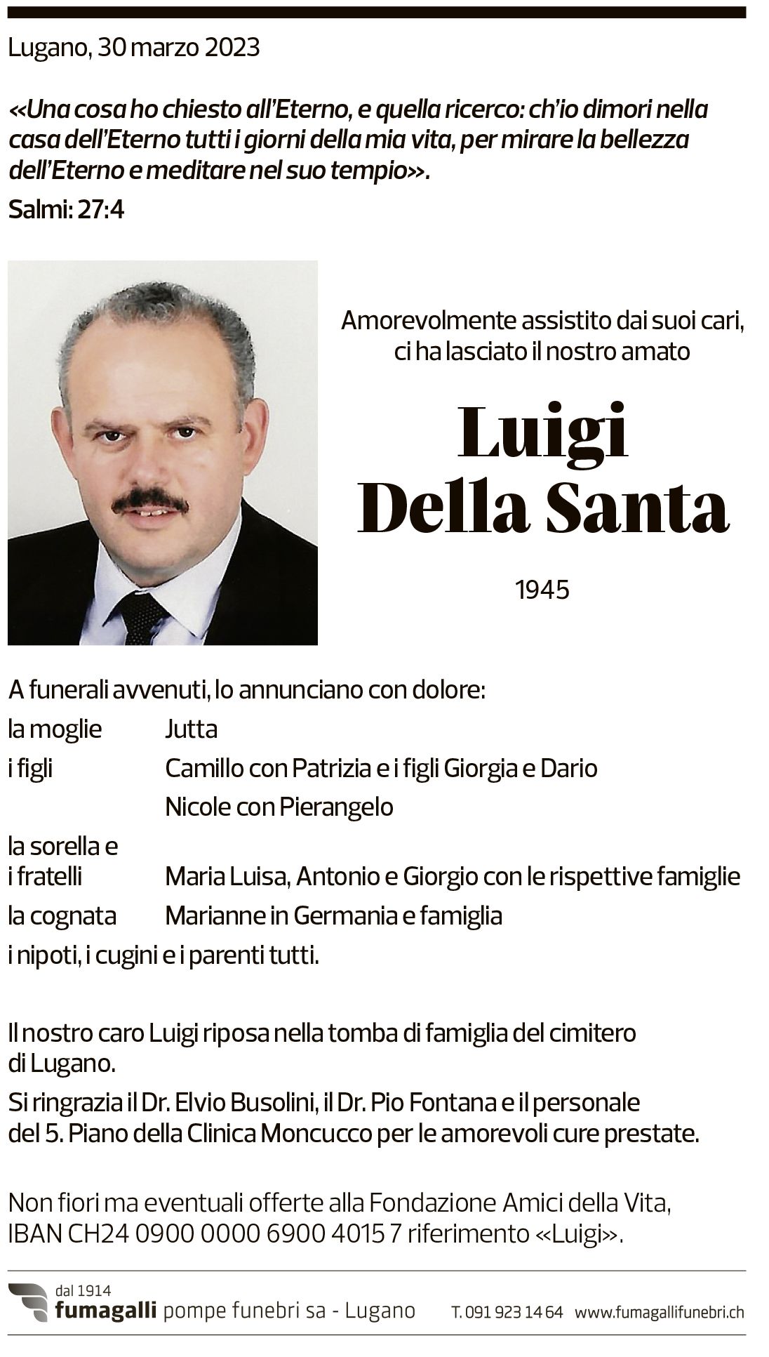 Annuncio funebre Luigi Della Santa