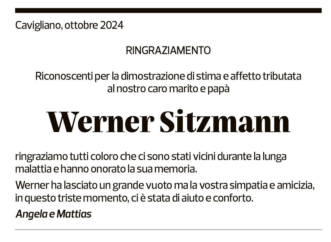 Annuncio funebre Werner Sitzmann