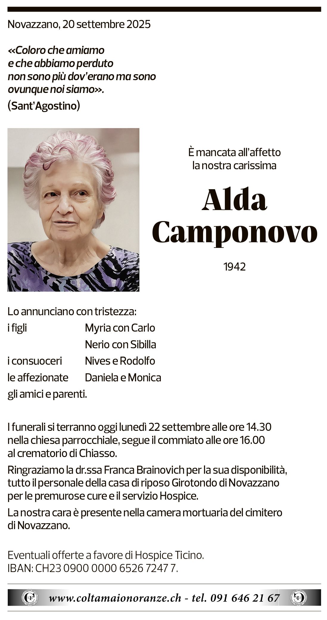 Annuncio funebre Alda Camponovo