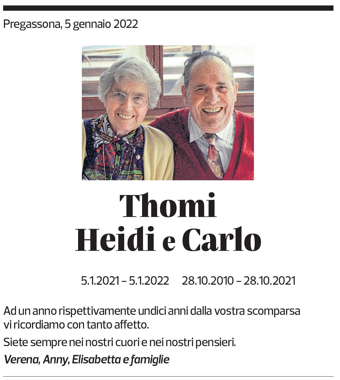 Annuncio funebre Heidi Carlo Thomi