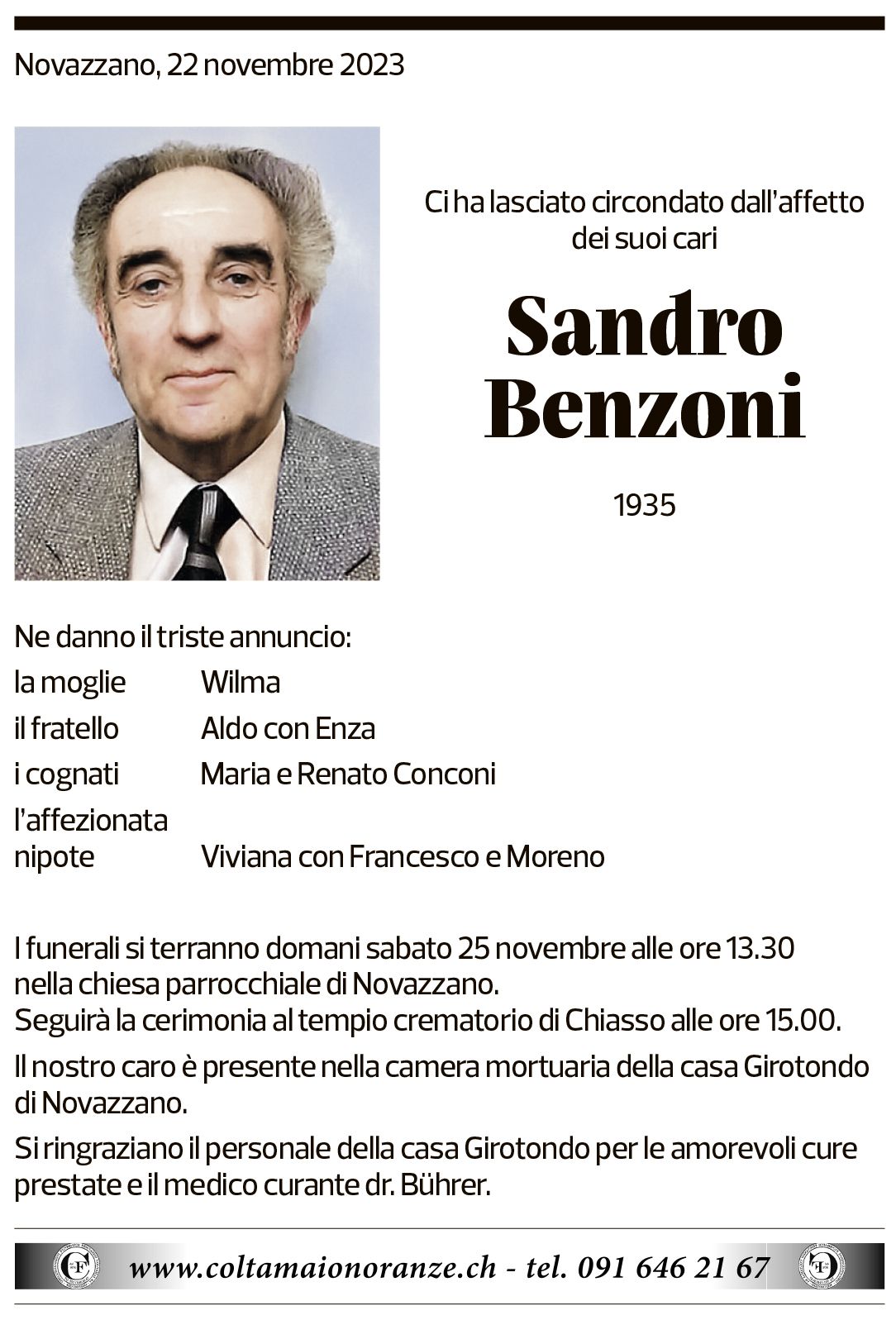 Annuncio funebre Sandro Benzoni