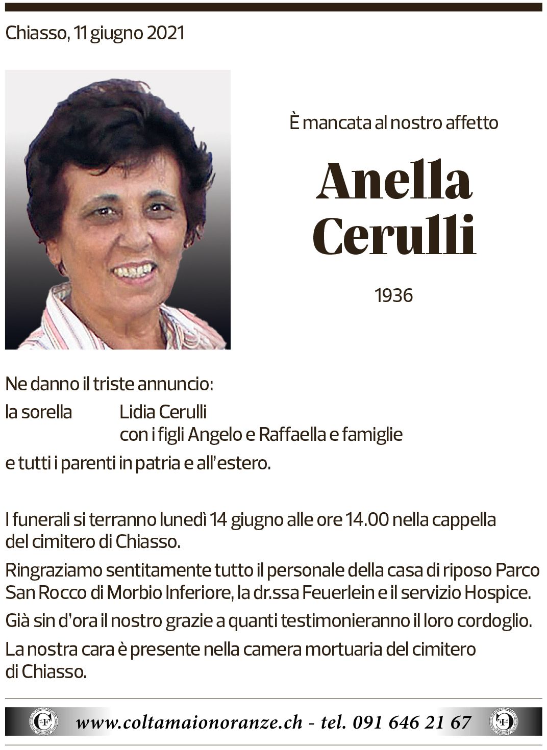 Annuncio funebre Anella Cerutti