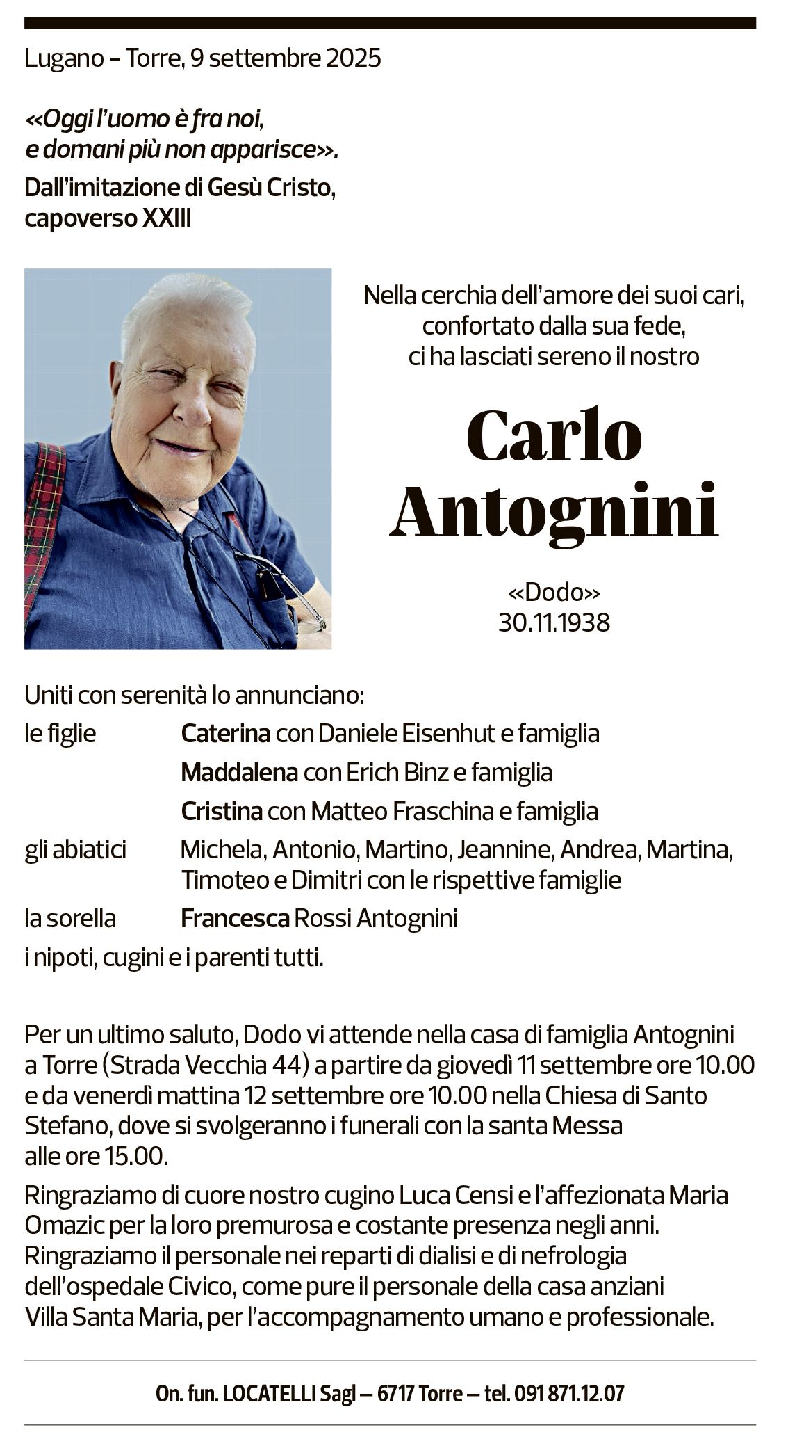 Annuncio funebre Carlo Antognini