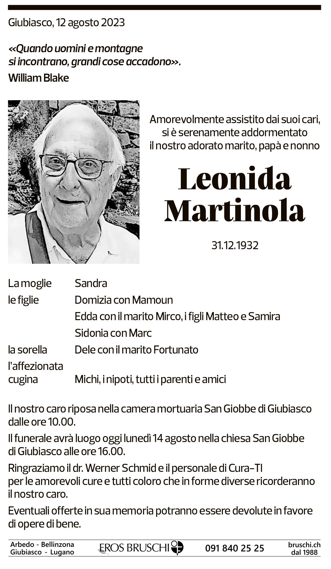 Annuncio funebre Leonida Martinola